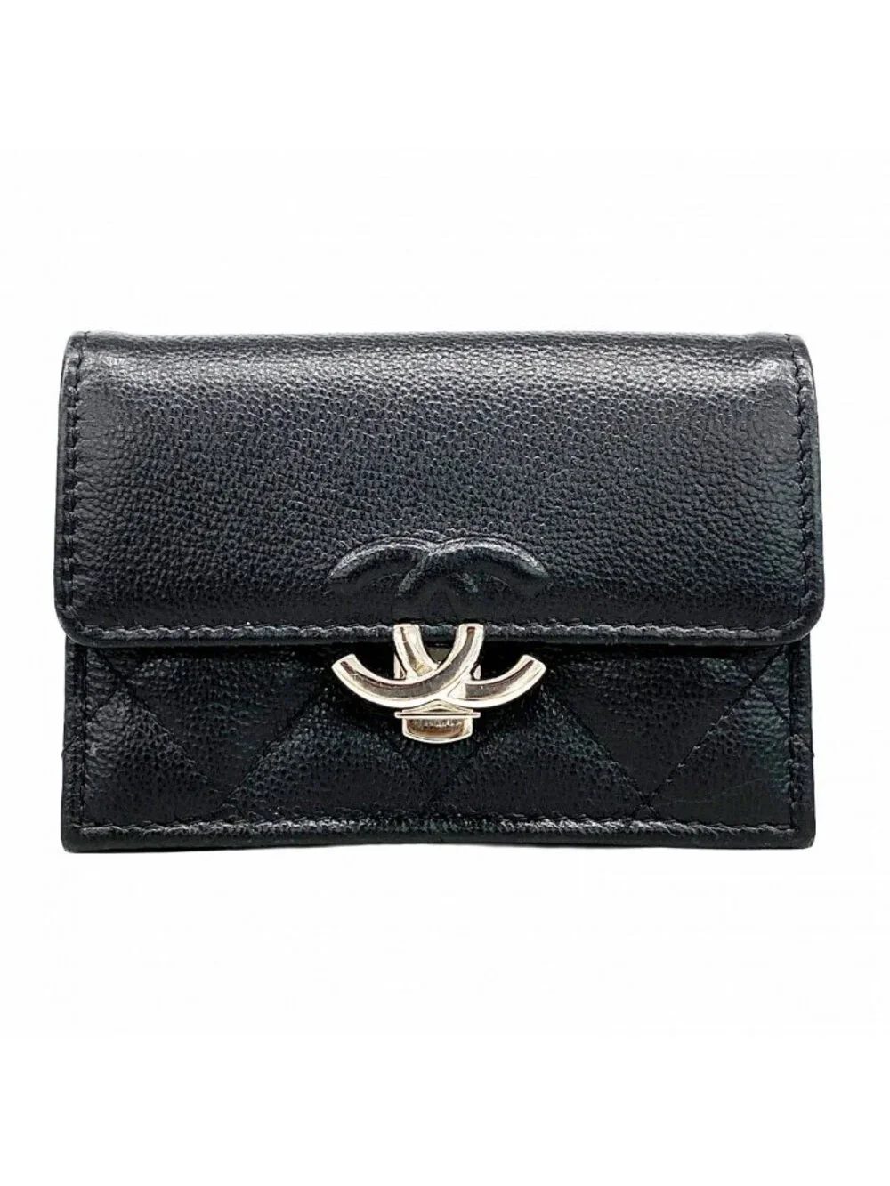 ★SOLD★ Chanel Trifold Wallet Quilted Caviar Leather Black Silver - Picture 1 of 7